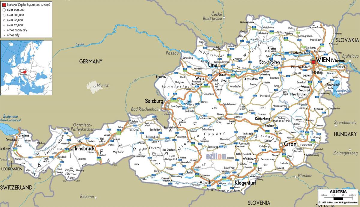 λεπτομερής χάρτης με τις πόλεις της αυστρίας