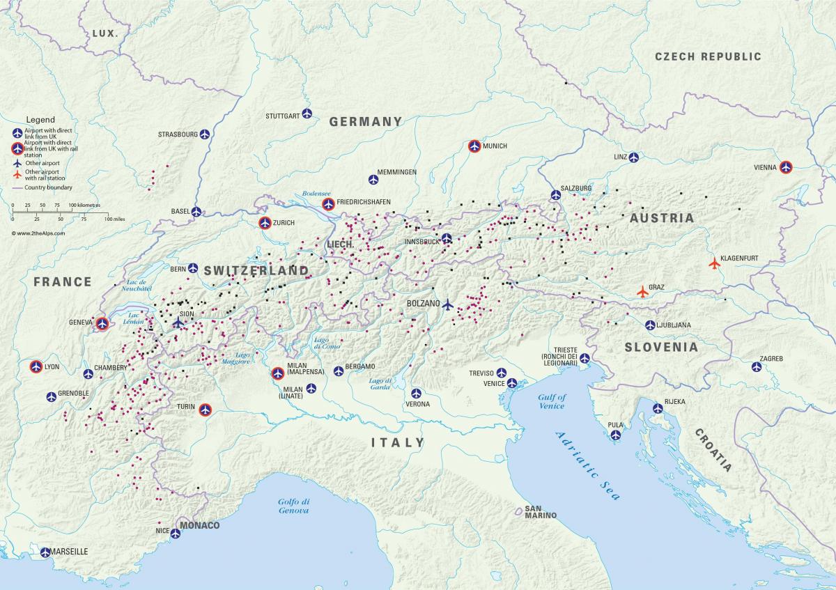 χάρτης της αυστρίας χιονοδρομικά κέντρα αεροδρόμια